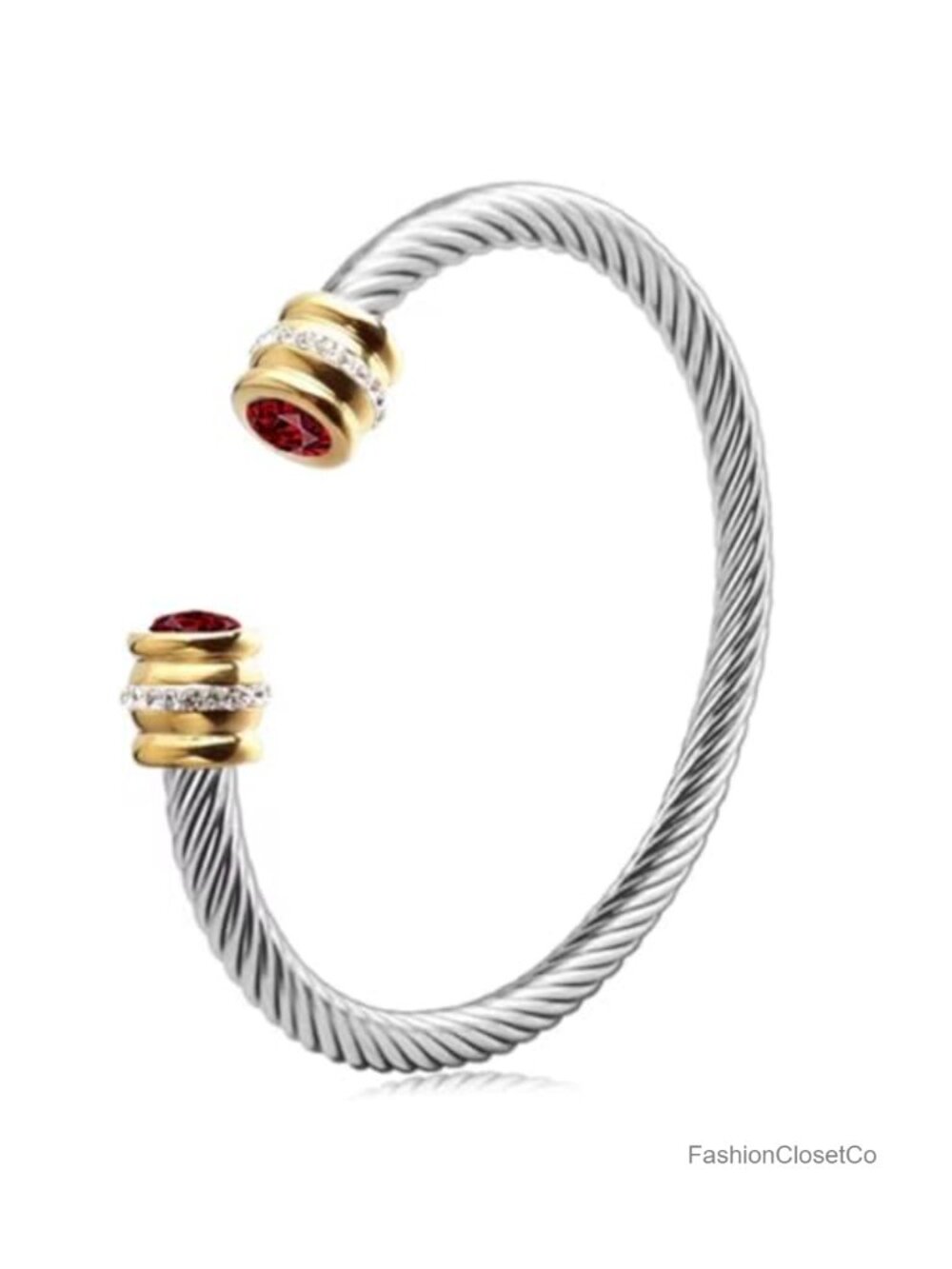 Adjustable Birthstone Cable Cuff Bracelet - Stainless Steel Two-Tone Gold